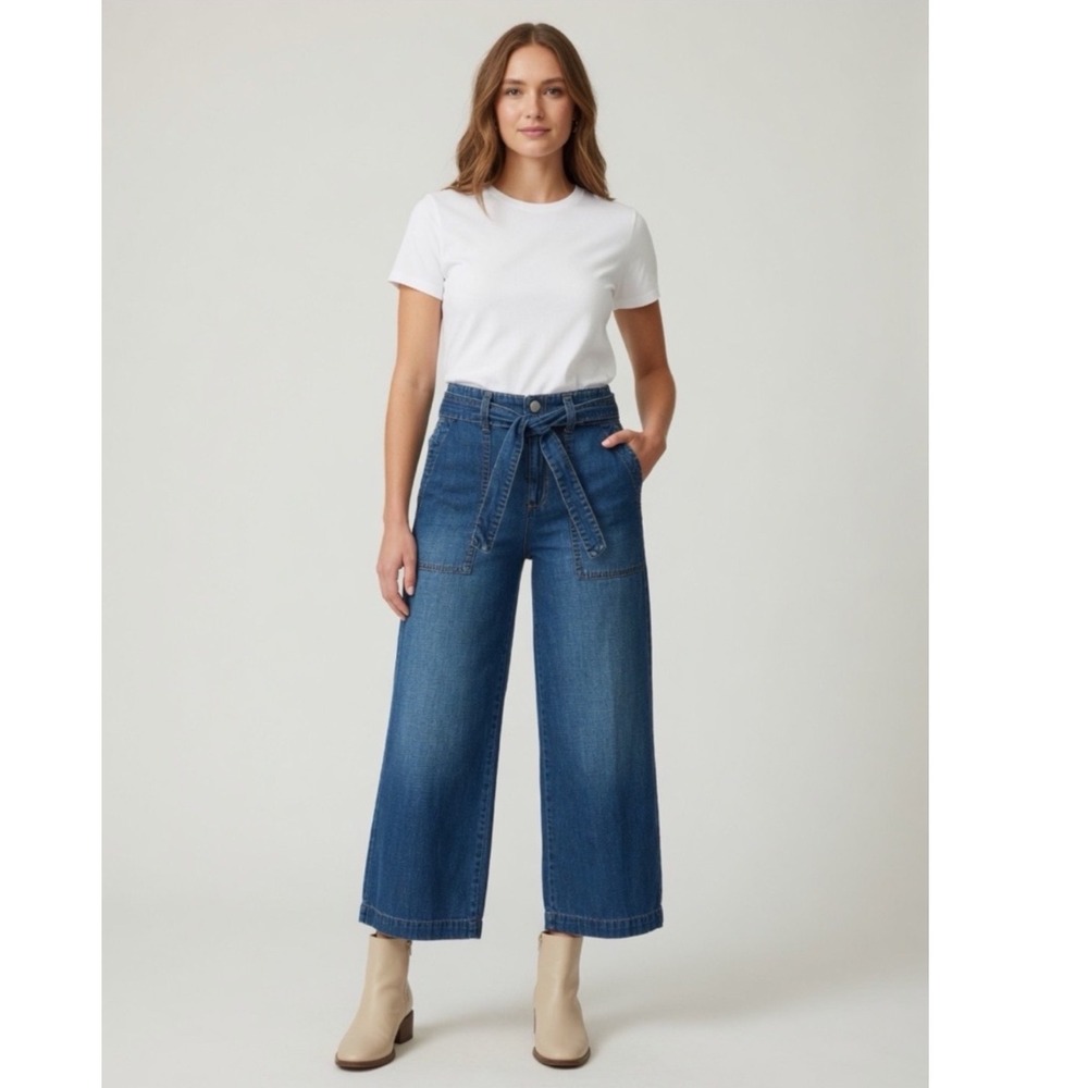 Seven7 Jeans Pants Womens 12 Wide Leg Cropped Belted Tencel Cotton Blend
